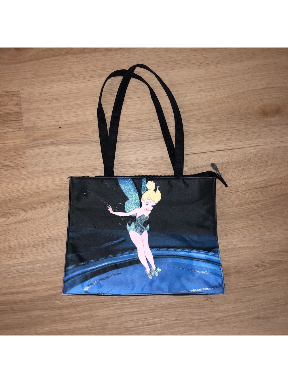 VINTAGE DISNEY TINKER BELL BLACK TOTE BAG PURSE GLITTER SEQUIN SHOULDER HAND